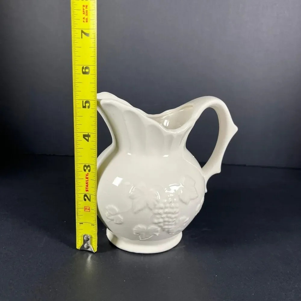 1950s Artmark Japan White Ceramic Pitcher Grape Leaf Embossed FLAW READ